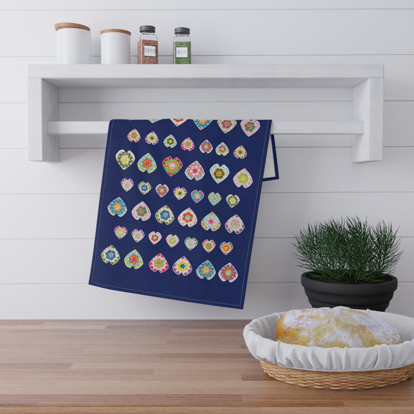 Crochet Love Heart Pattern Print Tea Towel Navy