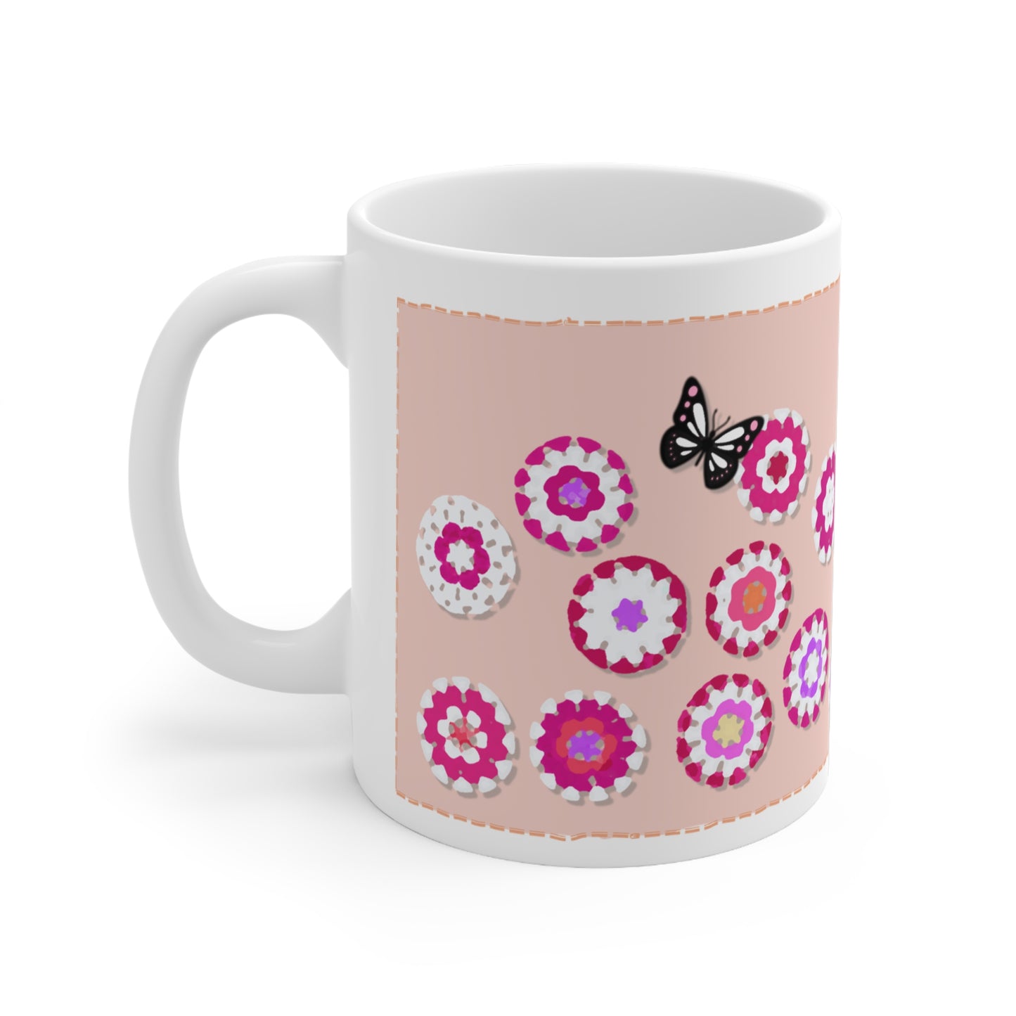 Coffee Mug Design Image - Red Crochet Pattern on Peach Colour Background