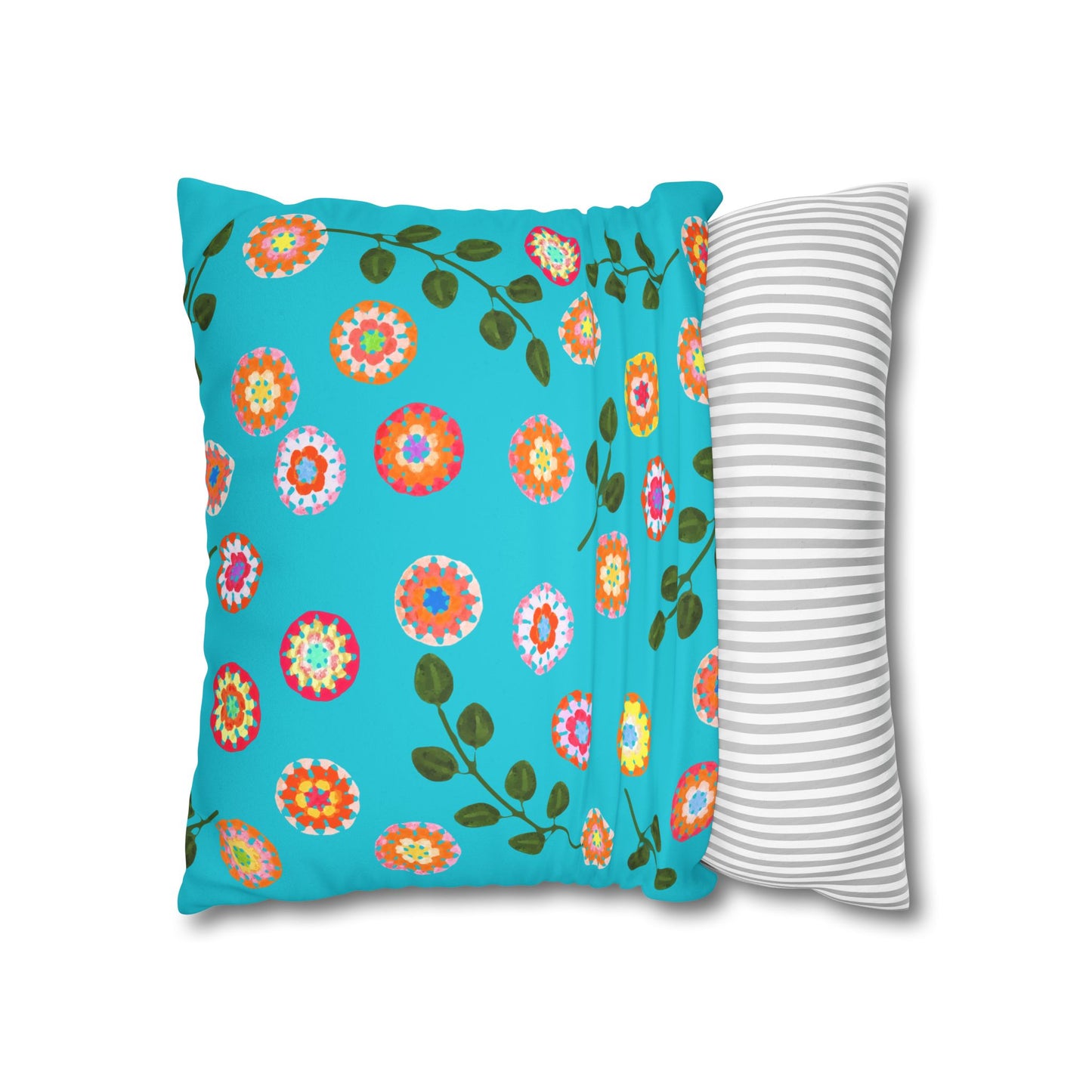 Corchet Floral Pattern Print Faux Suede Cushion Cover--Aqua Blue