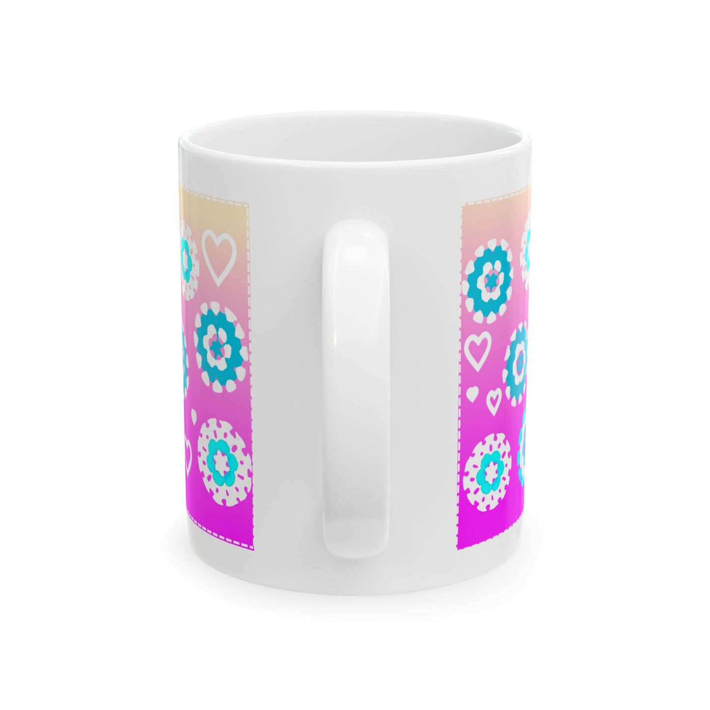 Coffee Mug Design Image - Aqua Blue Crochet Pattern On Pink