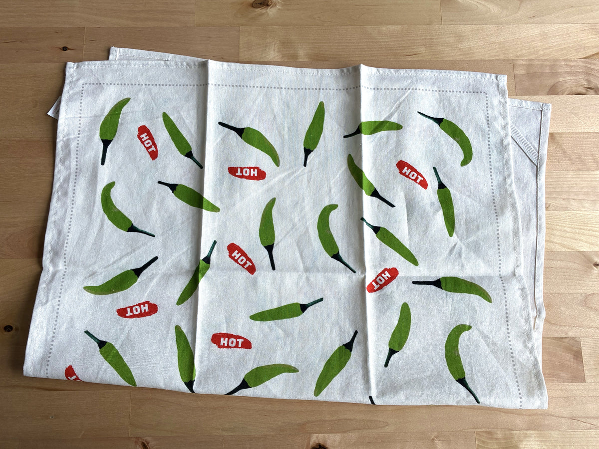 Green Chilli Pepper Pattern Linen Cotton Tea Towel — Natural White