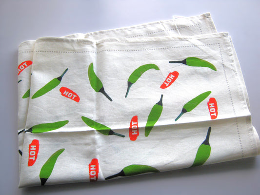 Green Chilli Pepper Pattern Linen Cotton Tea Towel — Natural White
