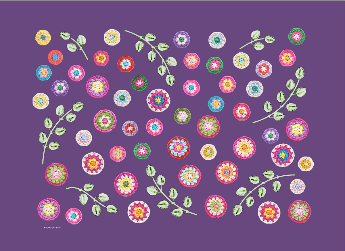 Crochet Pattern Print Linen Cotton Tea Towel — Purple