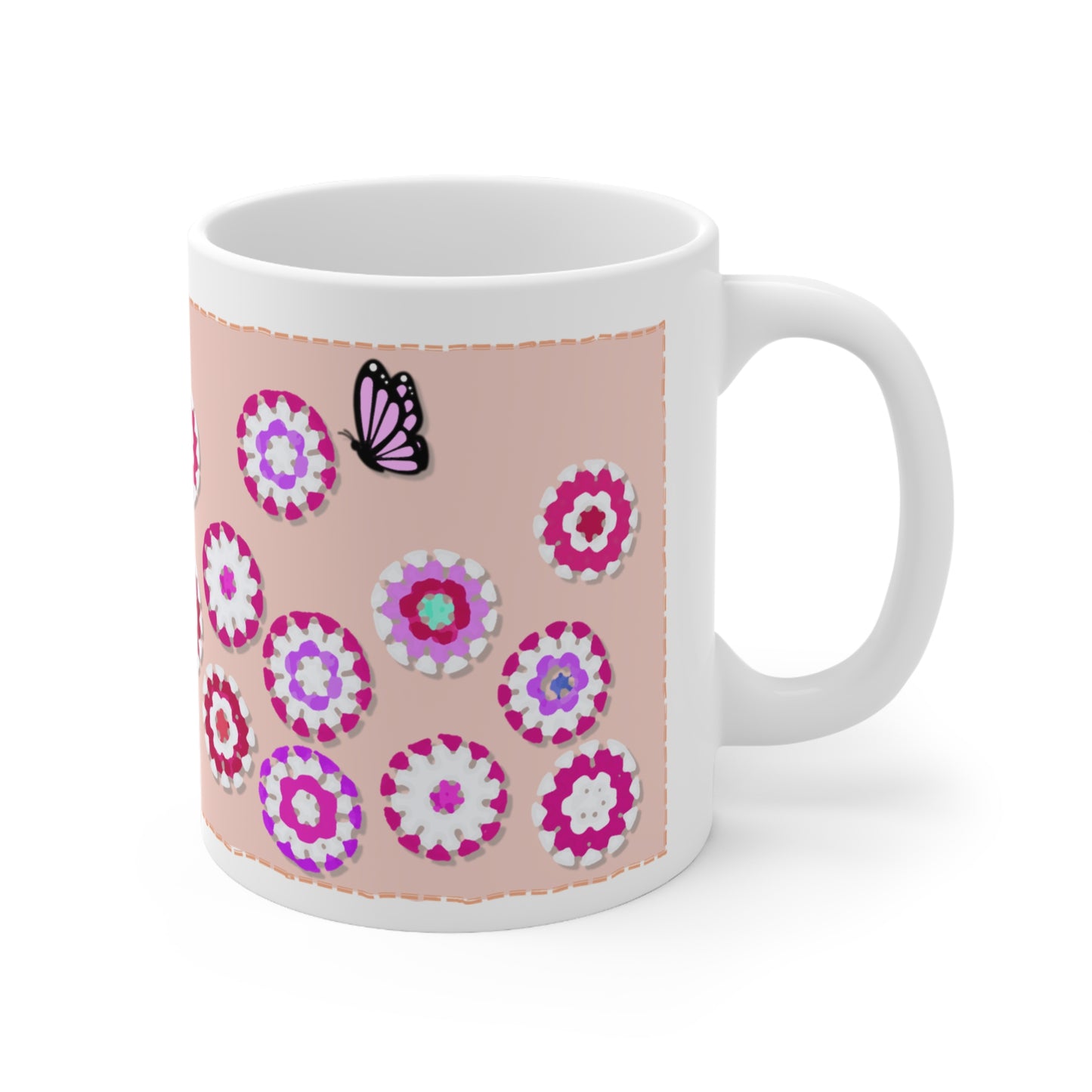 Coffee Mug Design Image - Red Crochet Pattern on Peach Colour Background