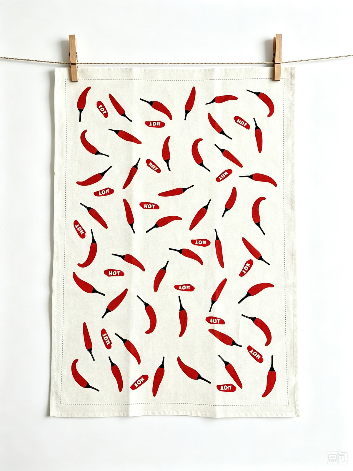 Red Chili Pepper Pattern Linen Cotton Tea Towel — Natural White