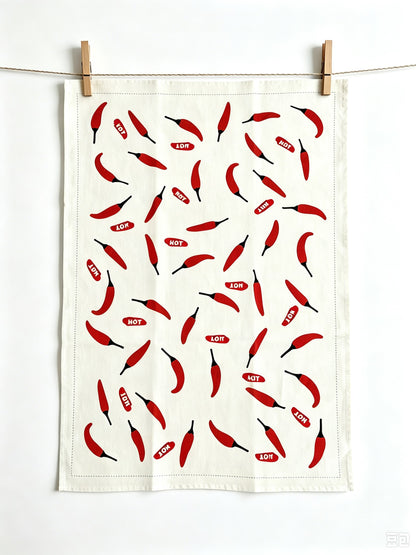Red Chili Pepper Pattern Linen Cotton Tea Towel — Natural White