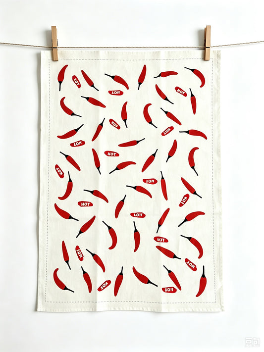 Red Chilli Pepper Pattern Linen Cotton Tea Towel — Natural White