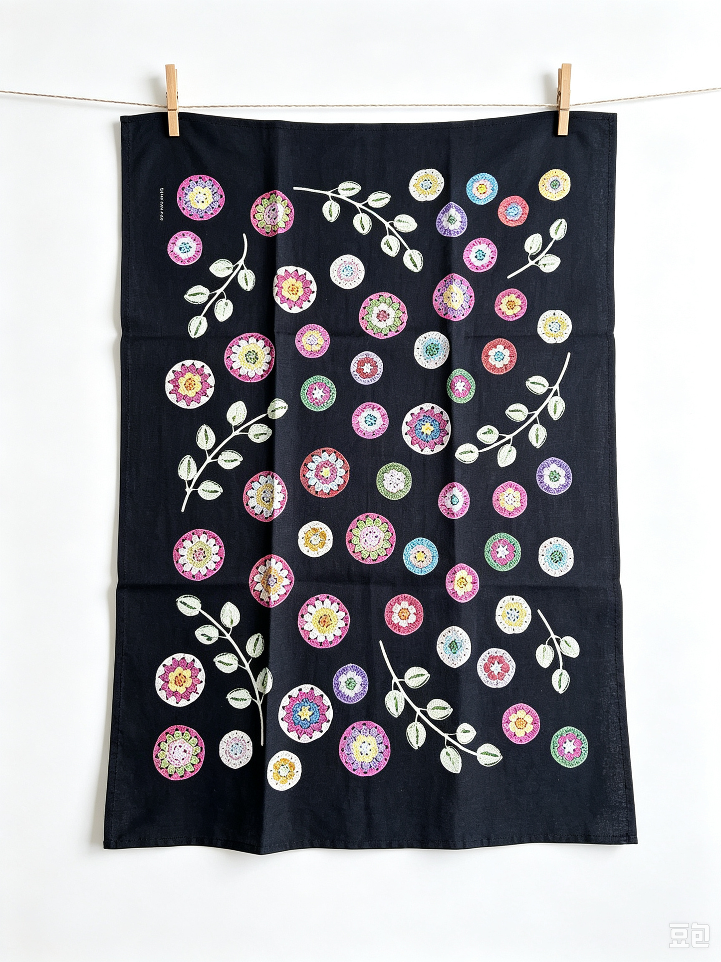 Crochet Pattern Print Linen Cotton Tea Towel — Black