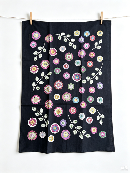 Crochet Pattern Print Linen Cotton Tea Towel — Black