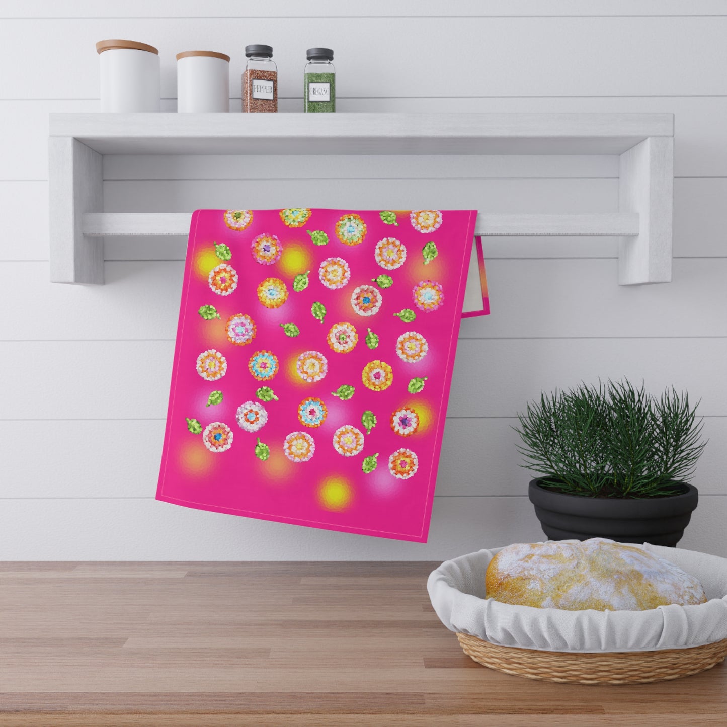 Crochet Pattern Print Tea Towels Fuchsia Pink