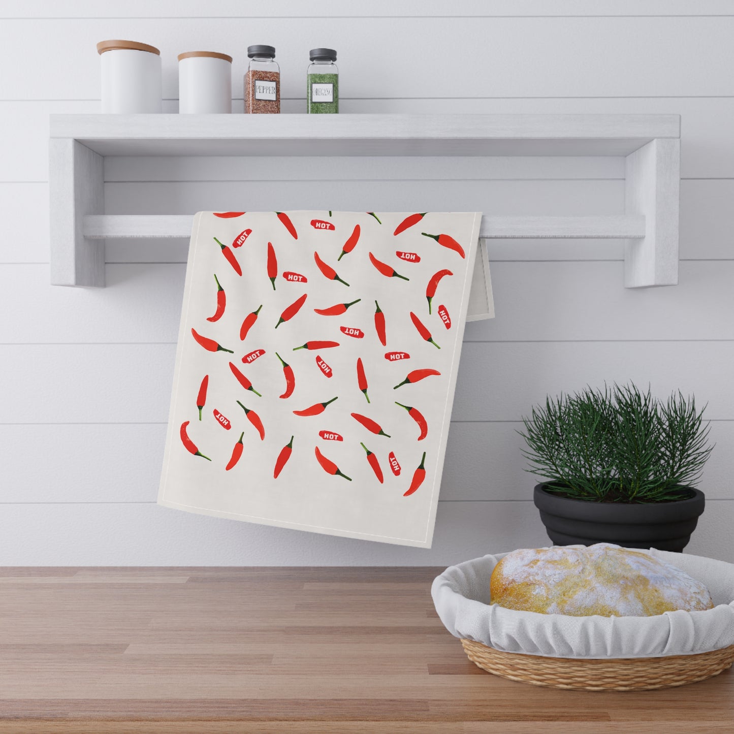 Chili Pepper Pattern Cotton Tea Towel — White Kitchen Dish Towel