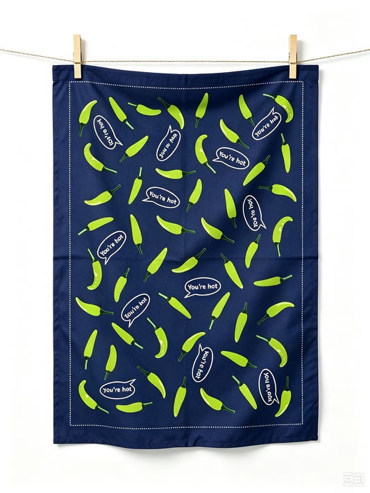 Chilli Pepper Pattern Linen Cotton Tea Towel — Midnight Green
