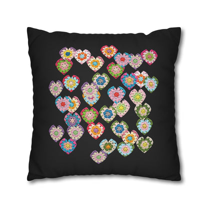 Crochet Love Heart Print Spun Polyester Square Cushion Cover Black