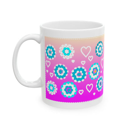 Coffee Mug Design Image - Aqua Blue Crochet Pattern On Pink