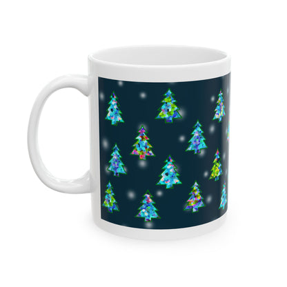 Christmas Tree and Snow Pattern Print Ceramic Mug, 11oz Navy Blue