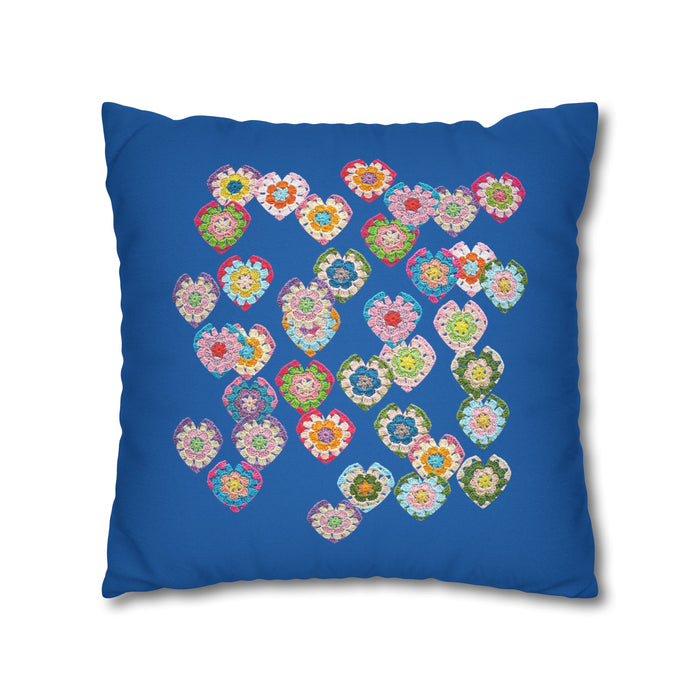 Crochet Love Heart Print Spun Polyester Square Cushion Cover Blue