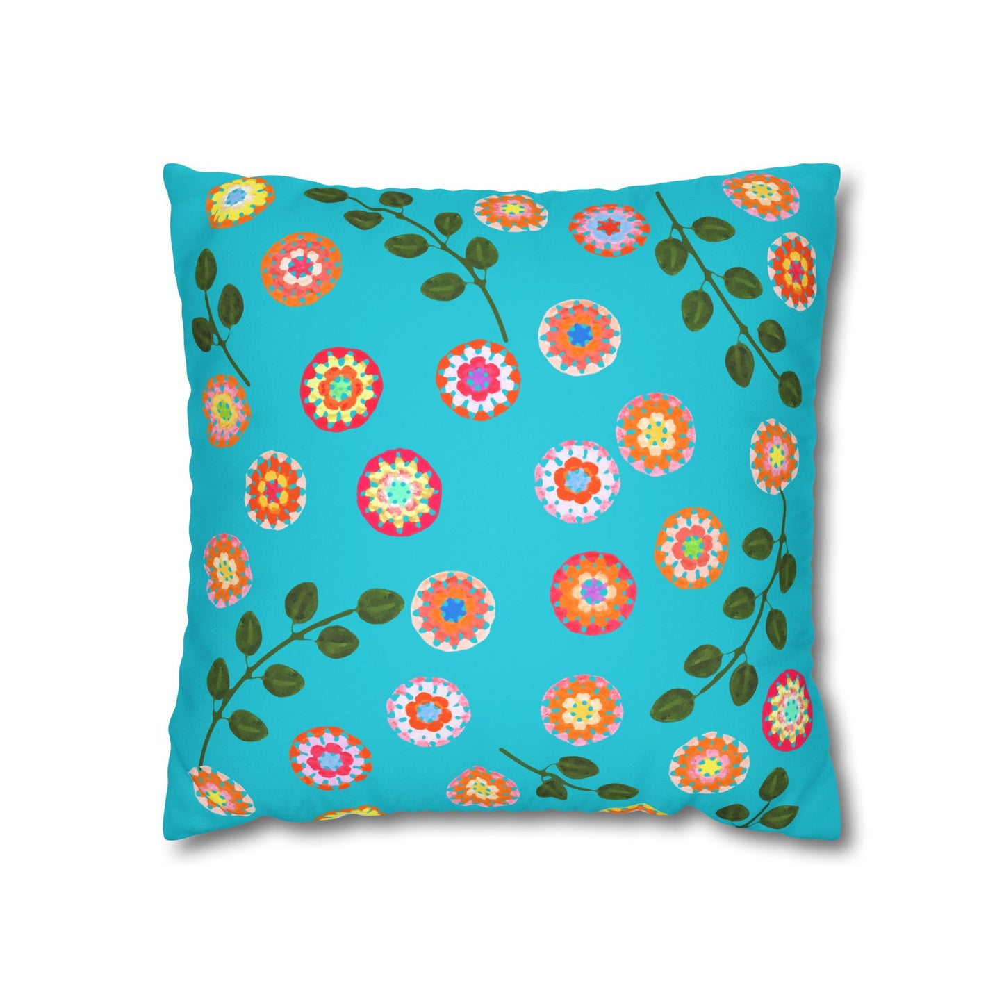 Corchet Floral Pattern Print Faux Suede Cushion Cover--Aqua Blue