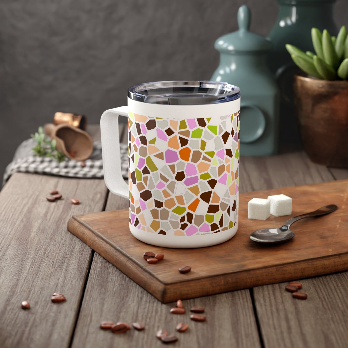 10oz Insulated Coffee Mug — Retro Mosaic Pattern