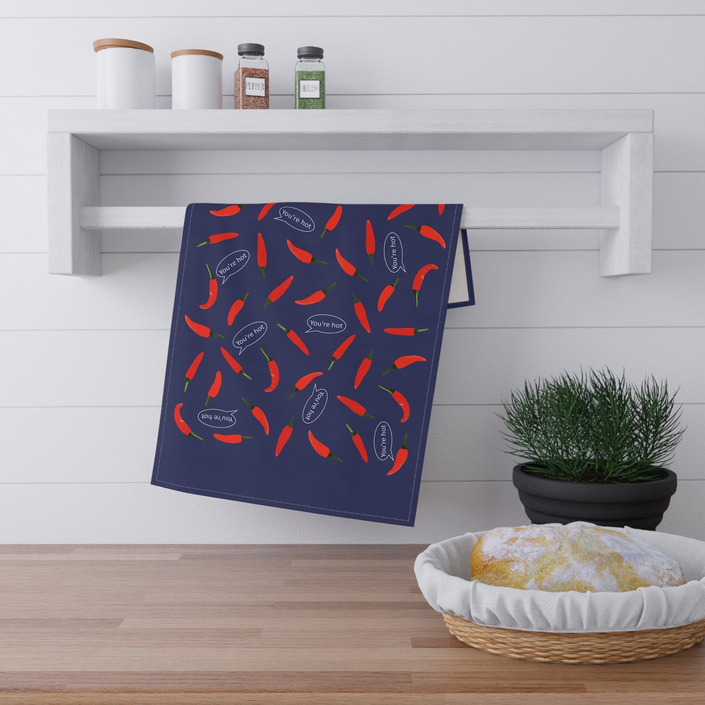 "You're Hot " Chili Pepper Pattern Cotton Tea Towel — Navy Kitchen Dish Towel