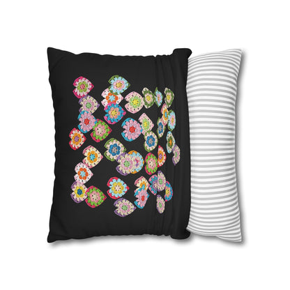 Crochet Love Heart Print Spun Polyester Square Cushion Cover Black