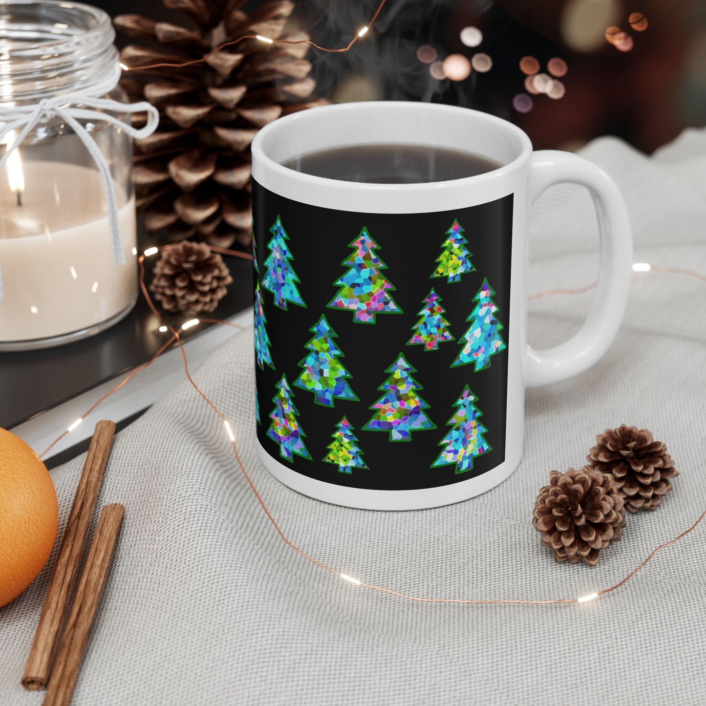 Christmas Tree Pattern Print Ceramic Mug, 11oz Black