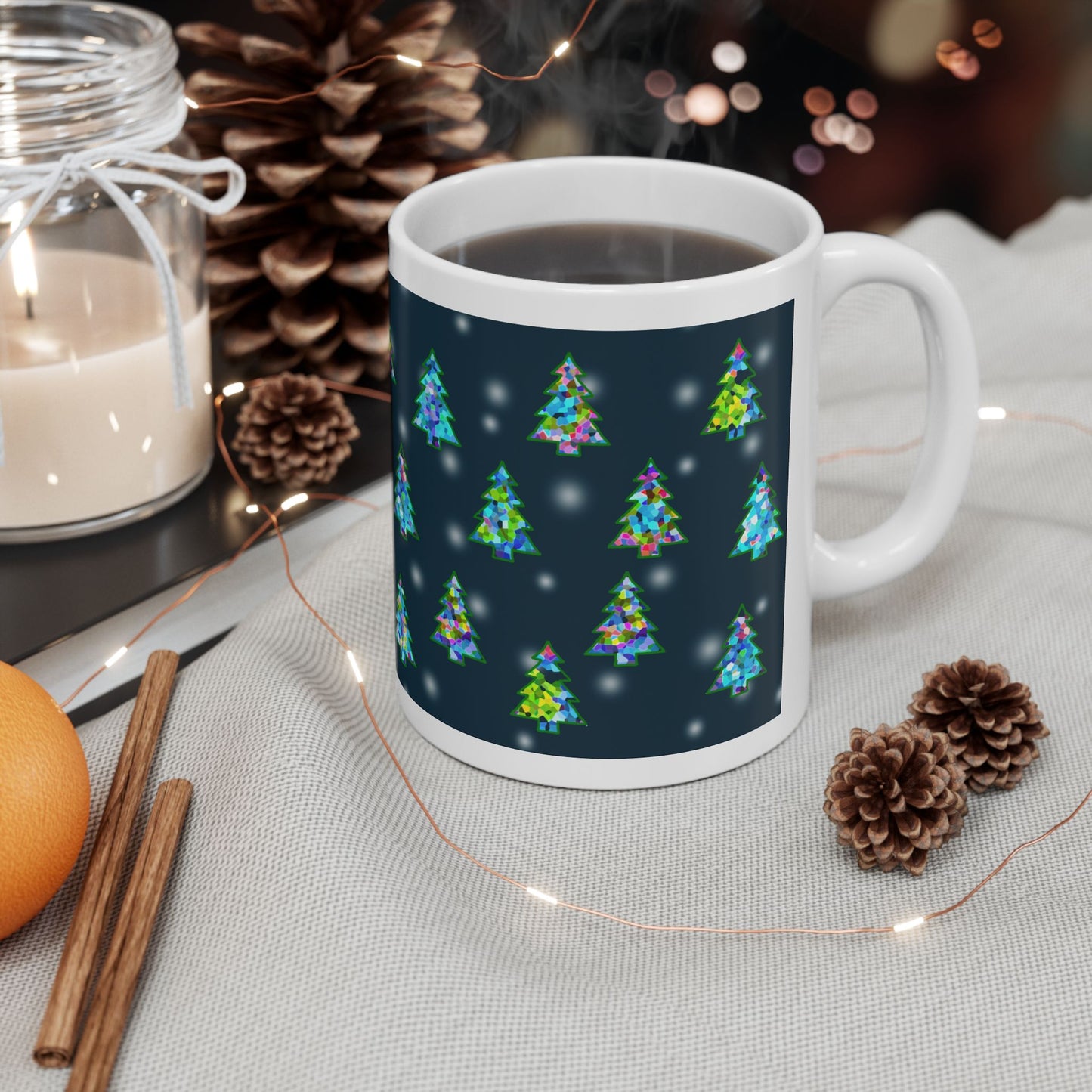 Christmas Tree and Snow Pattern Print Ceramic Mug, 11oz Navy Blue