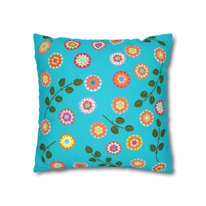 Corchet Floral Pattern Print Faux Suede Cushion Cover--Aqua Blue