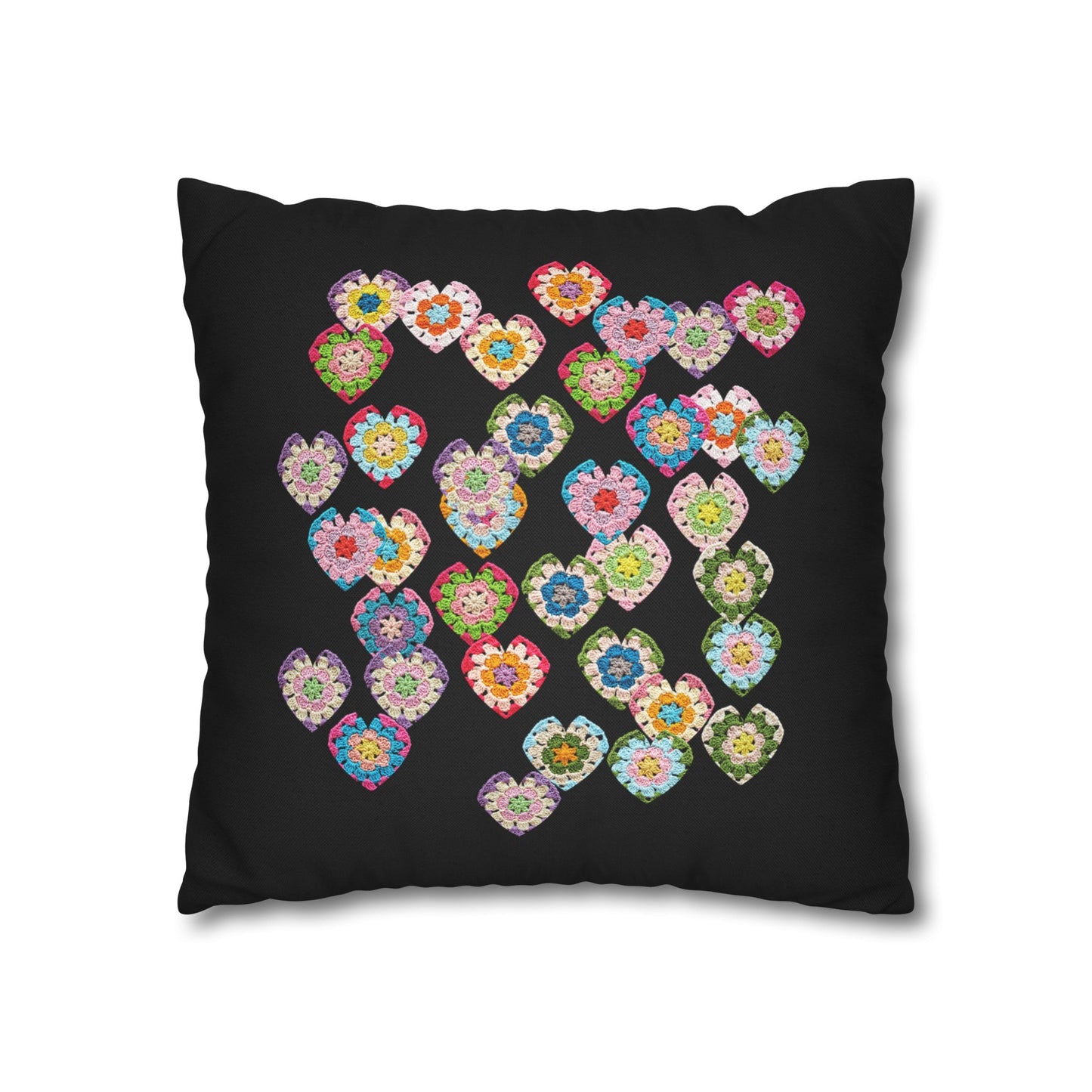 Crochet Love Heart Print Spun Polyester Square Cushion Cover Black