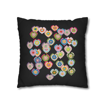 Crochet Love Heart Print Spun Polyester Square Cushion Cover Black