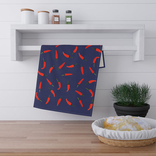 Chili Pepper Pattern Cotton Tea Towel — Navy Kitchen Dish Towel