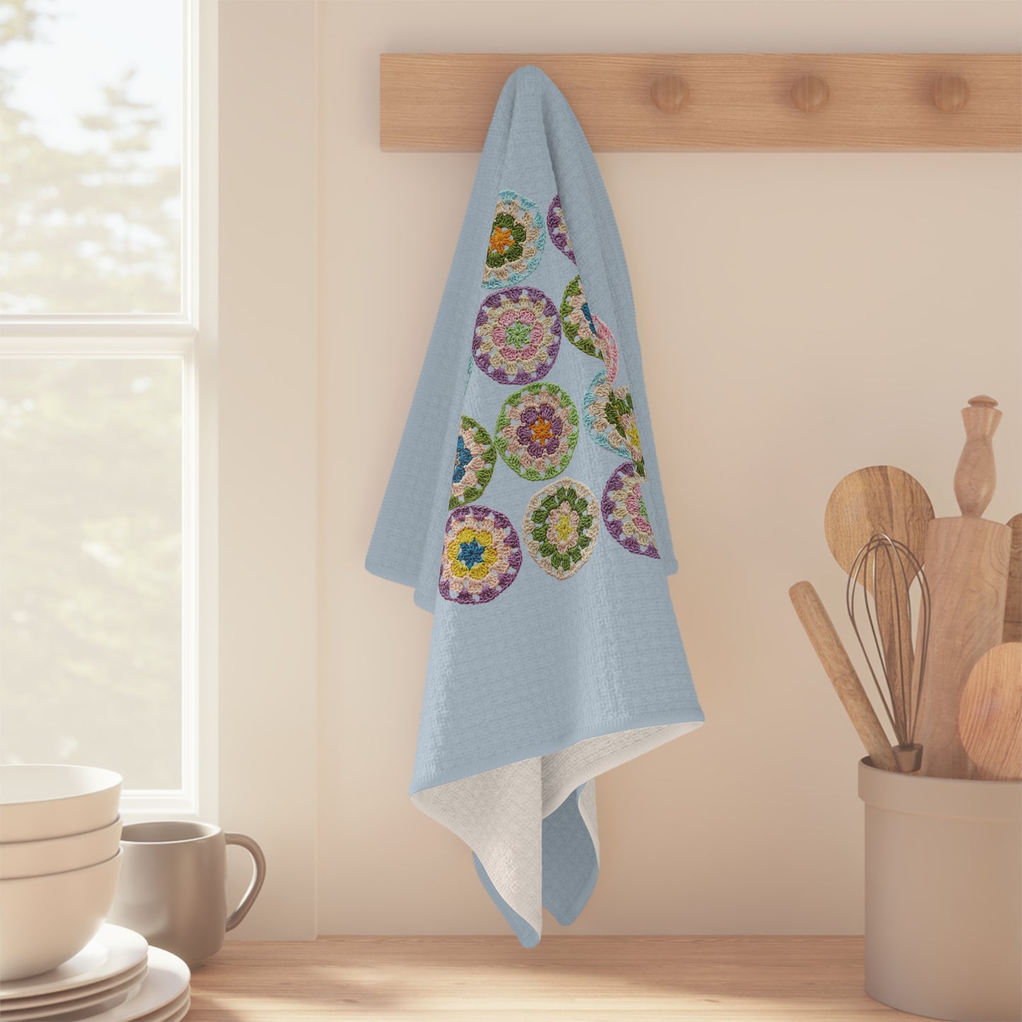 Retro Style Crochet Pattern Print Tea & Kitchen Towel Moonlight Blue