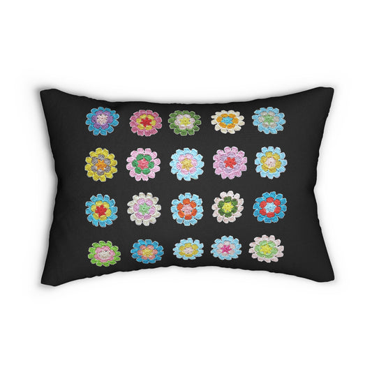 Crochet Pattern Print Spun Polyester Lumbar Pillow Black