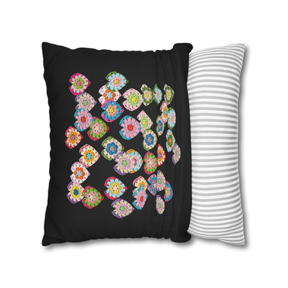 Crochet Love Heart Print Spun Polyester Square Cushion Cover Black