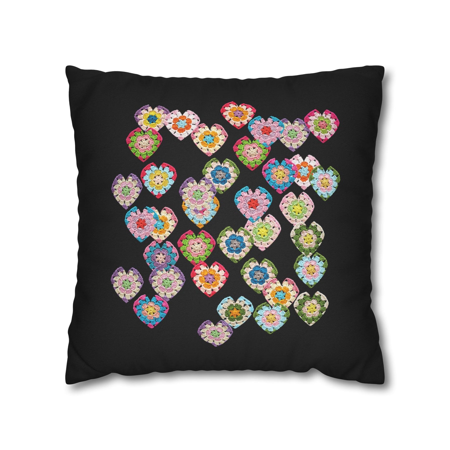 Crochet Love Heart Print Spun Polyester Square Cushion Cover Black