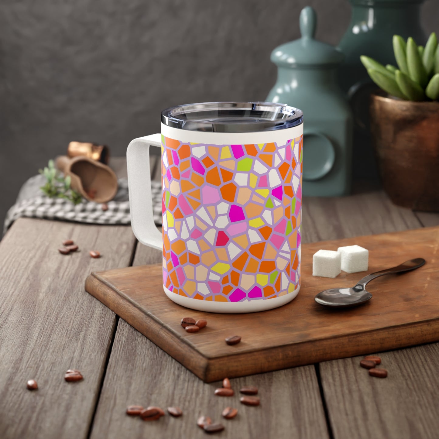 10oz Insulated Coffee Mug — Vibrant Mosaic Pattern