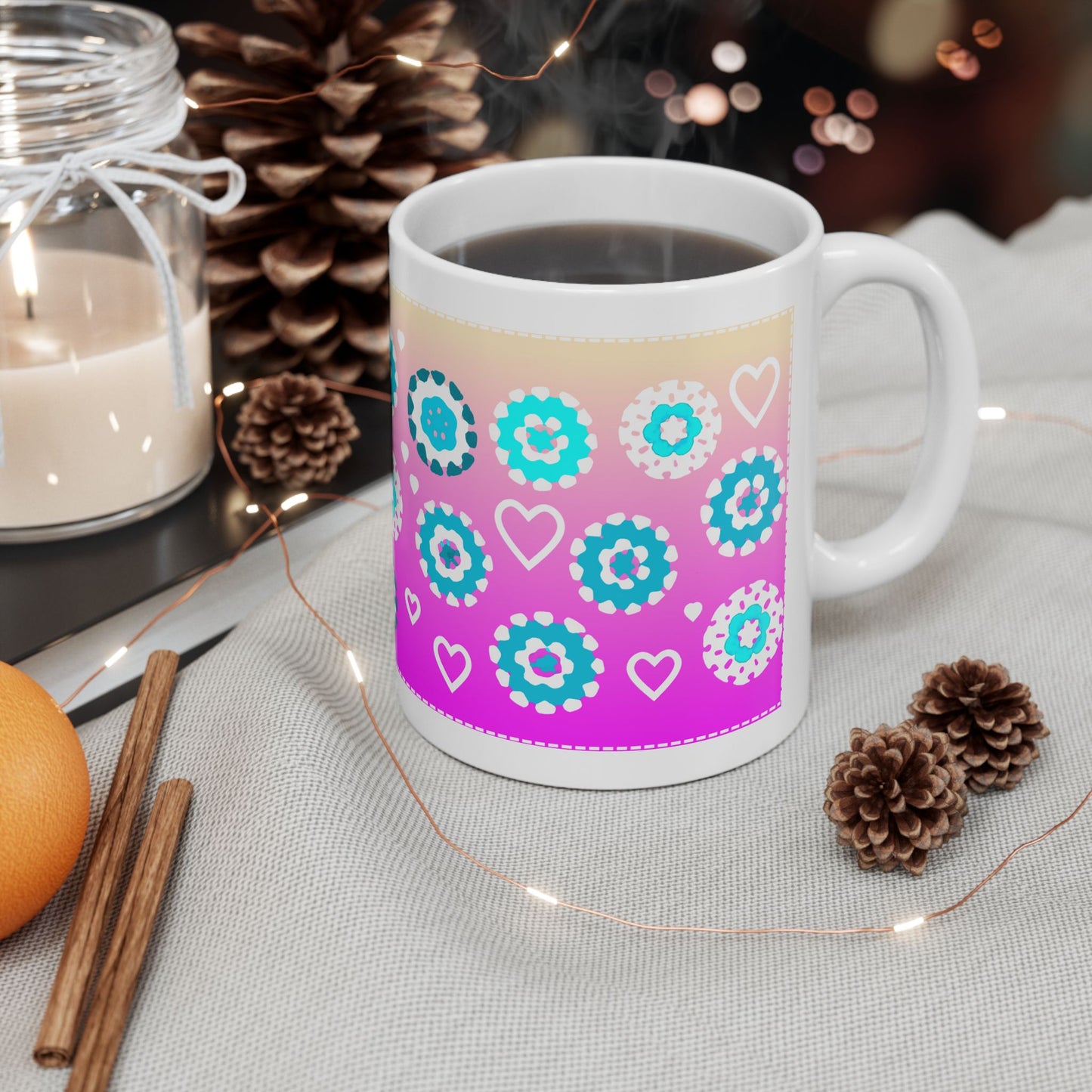 Coffee Mug Design Image - Aqua Blue Crochet Pattern On Pink