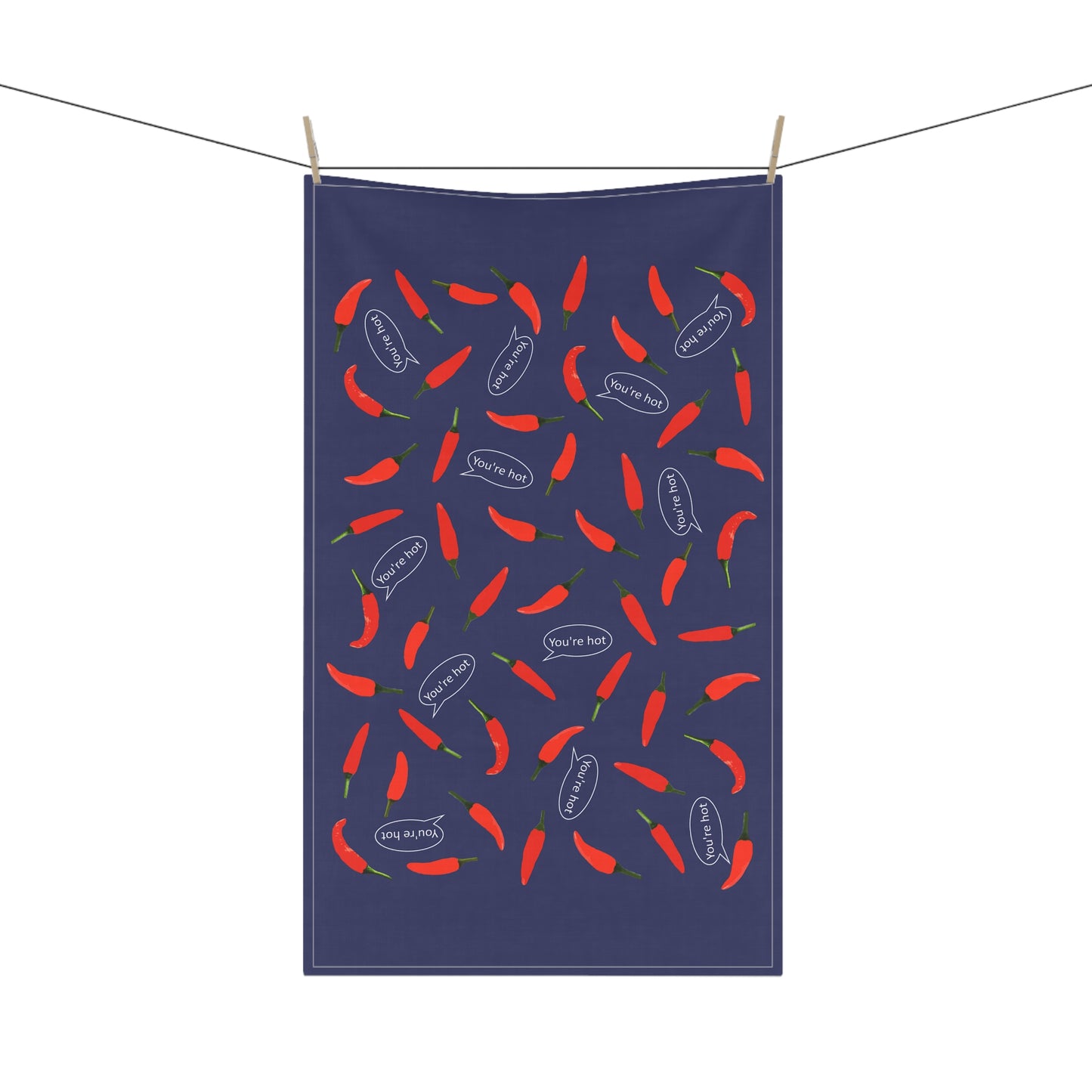 "You're Hot " Chili Pepper Pattern Cotton Tea Towel — Navy Kitchen Dish Towel