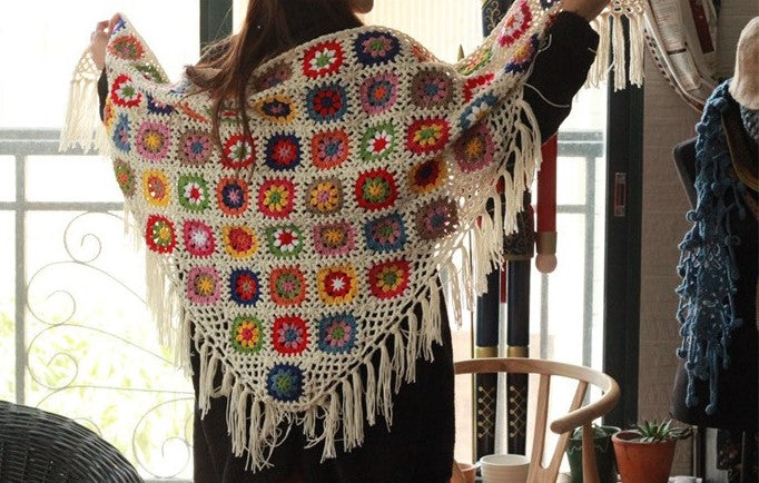Handmade Multi Color Crochet Shawl With Fringe -- Free Shipping