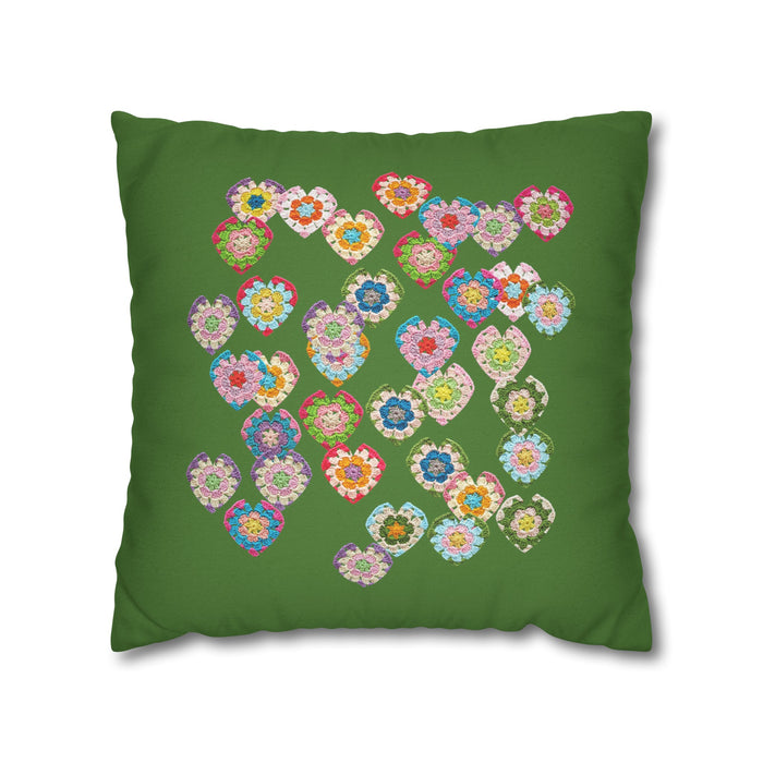 Crochet Love Heart Print Spun Polyester Square Cushion Cover Green