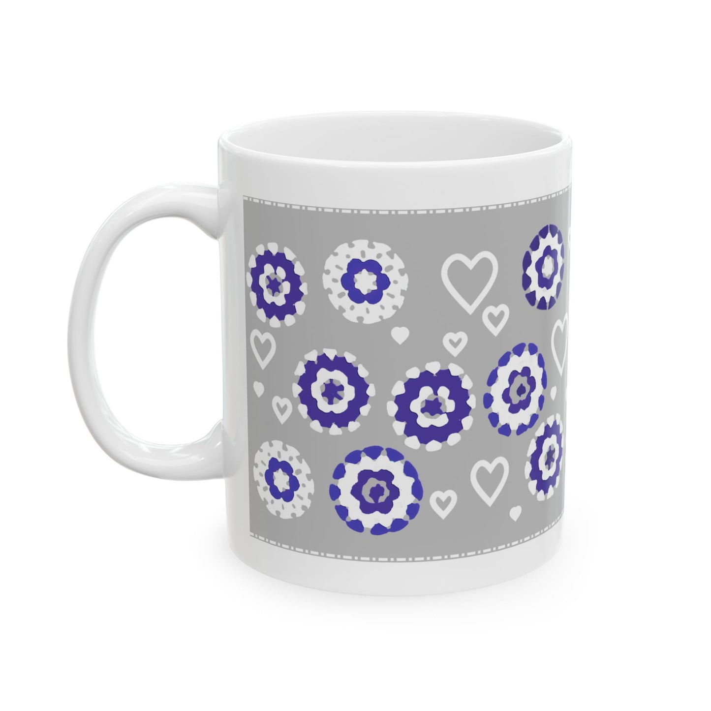 Coffee Mug Design Image - White Crochet Pattern On Grey