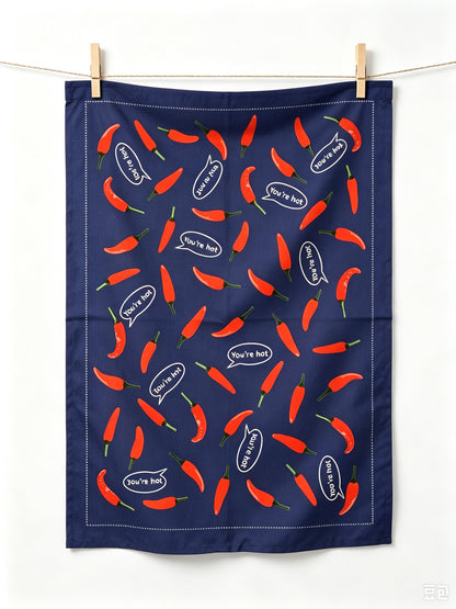 Red Chilli Pepper Pattern Linen Cotton Tea Towel — Navy Blue