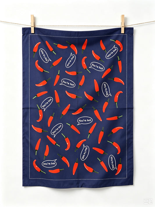 Red Chilli Pepper Pattern Linen Cotton Tea Towel — Navy Blue