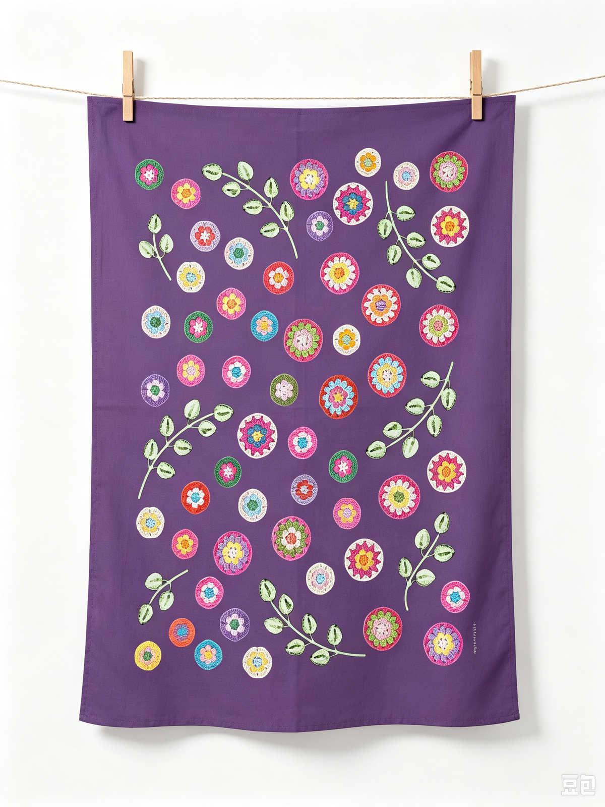 Crochet Pattern Print Linen Cotton Tea Towel — Purple