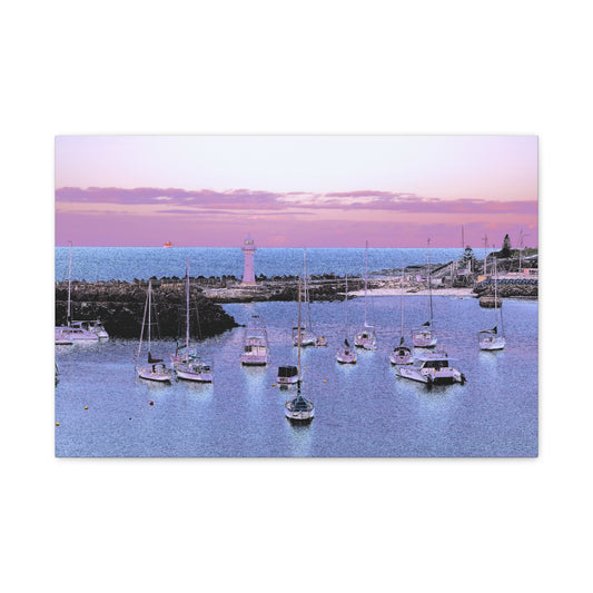 Harbor Sunset Matte Canvas Print — Stretched Coastal Lighthouse Wall Art