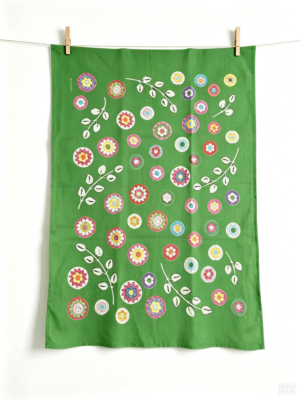 Crochet Pattern Print Linen Cotton Tea Towel — Green