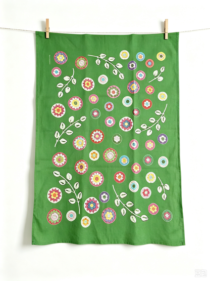 Crochet Pattern Print Linen Cotton Tea Towel — Green