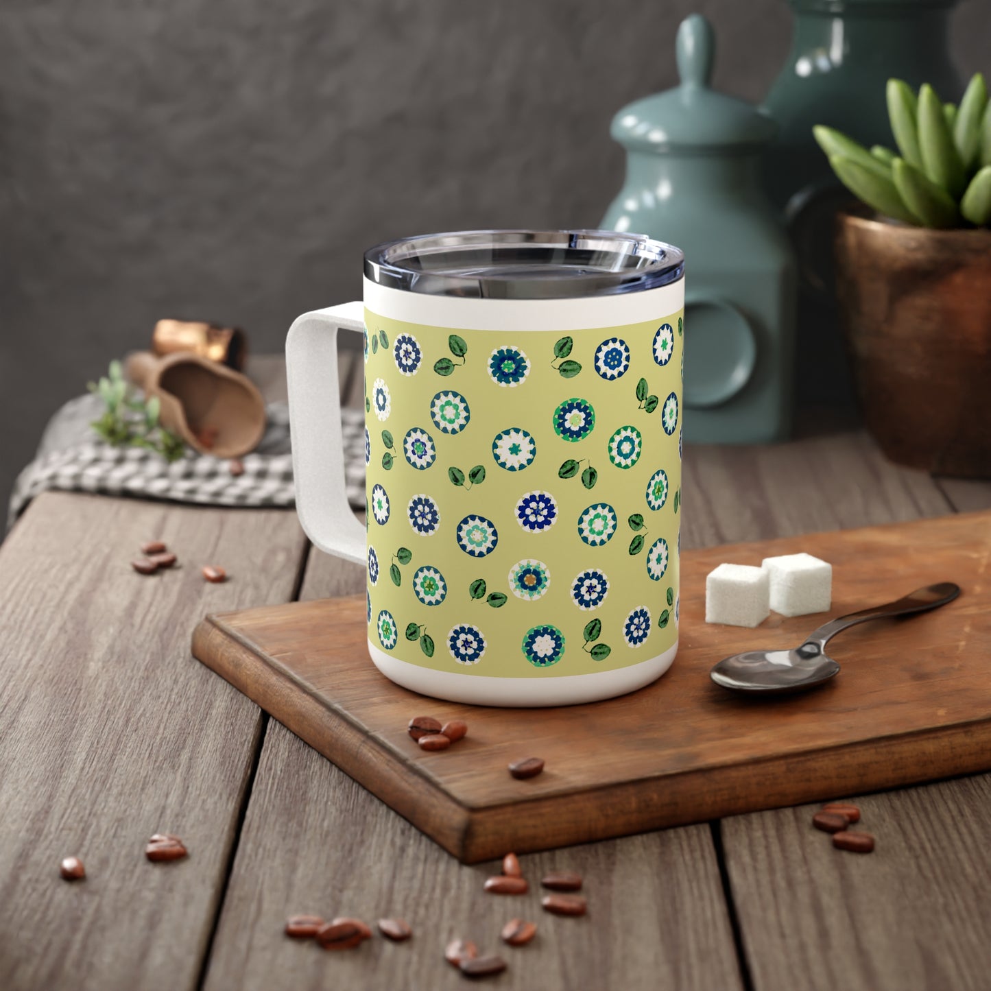 Stainless Steel Insulated Mug — Mustard Green Crochet Pattern 10oz Travel Coffee Tumbler