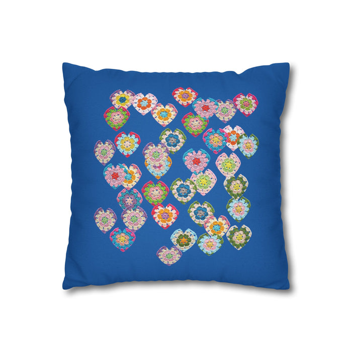 Crochet Love Heart Print Spun Polyester Square Cushion Cover Blue