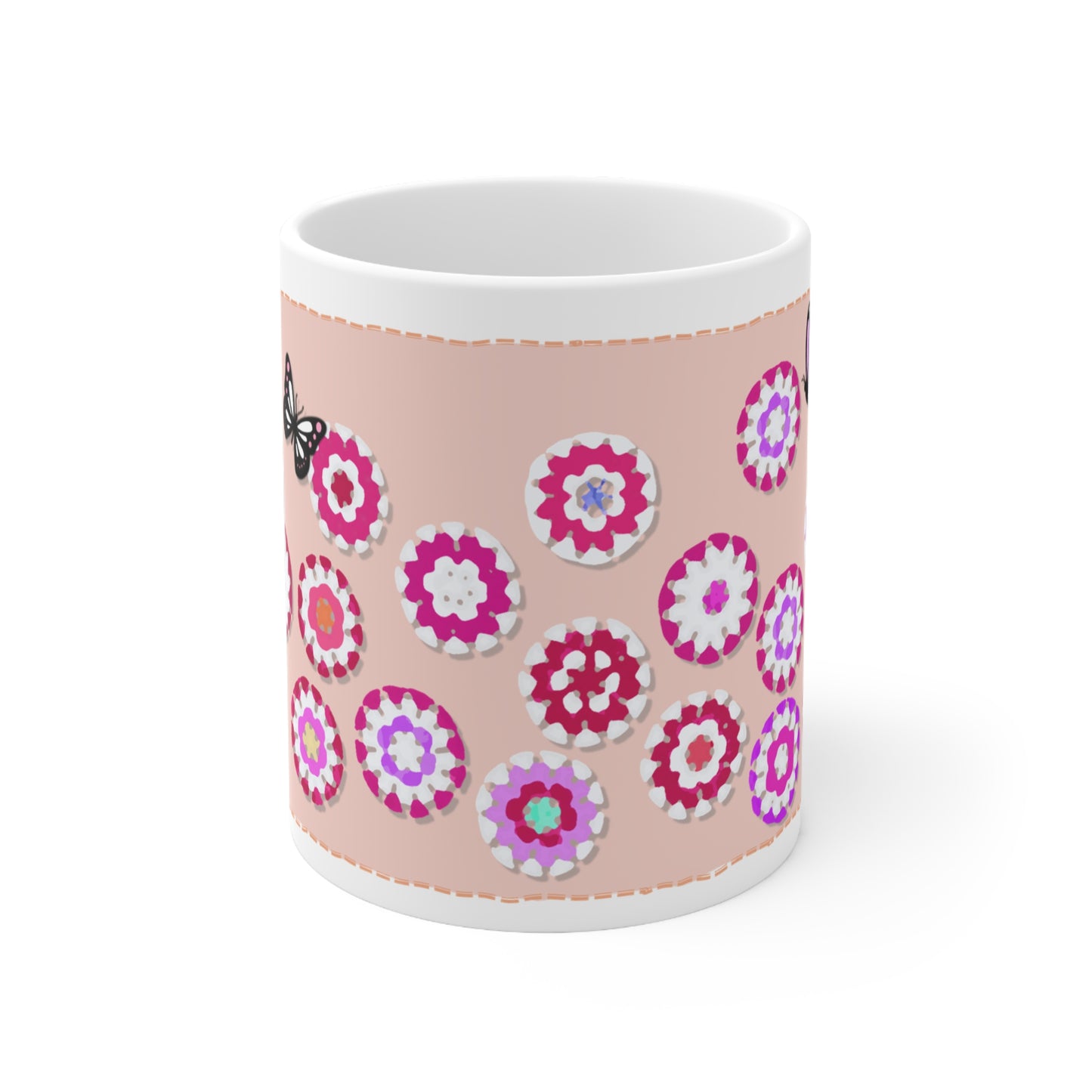 Coffee Mug Design Image - Red Crochet Pattern on Peach Colour Background