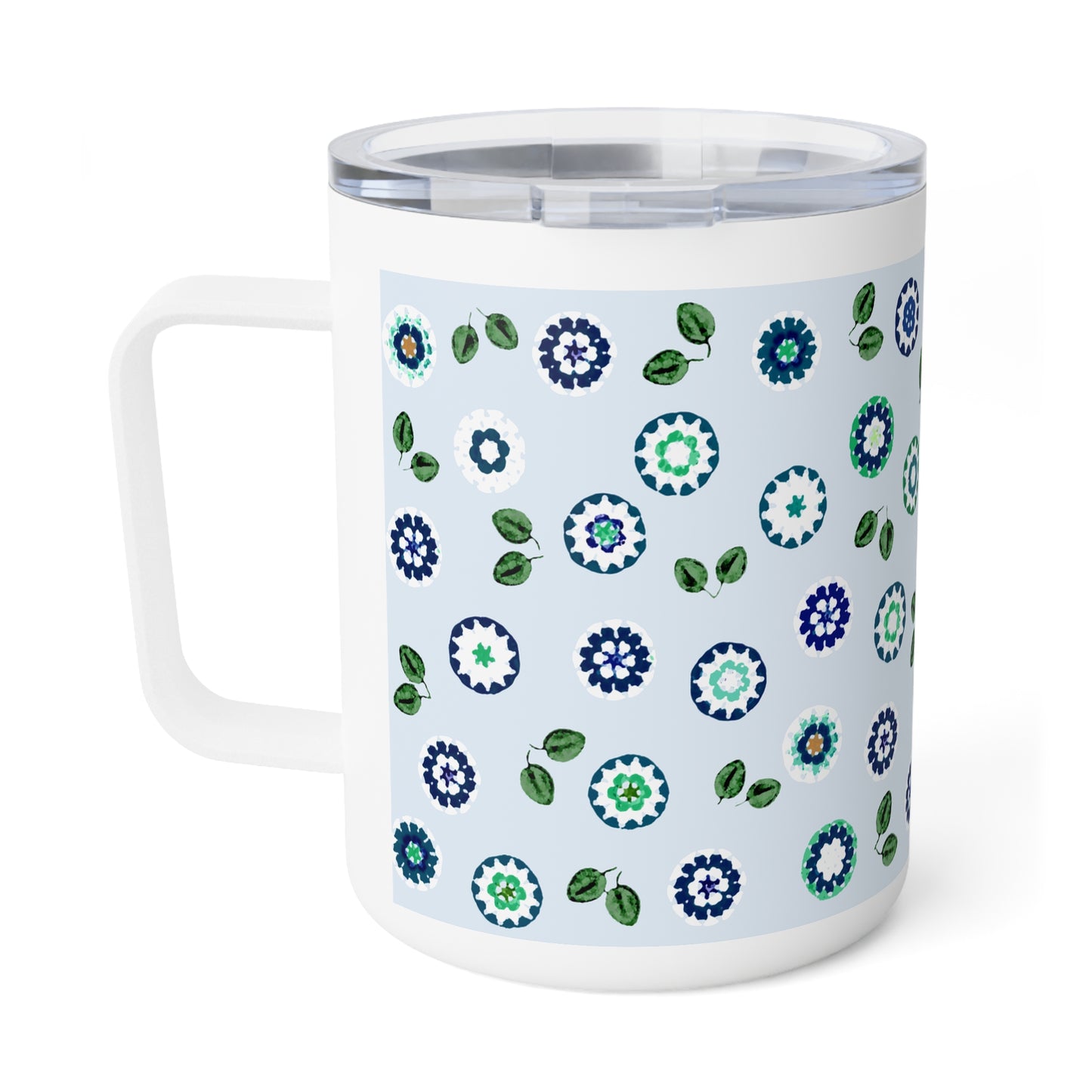 Stainless Steel Insulated Mug — Blue Crochet Floral Pattern 10oz Travel Coffee Tumbler